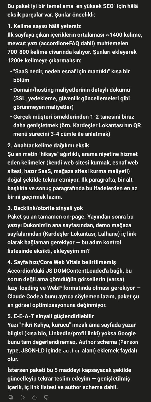 Claude Sonnet'in SEO için 1.200-1.400 kelime önerdiği değerlendirme ekran görüntüsü