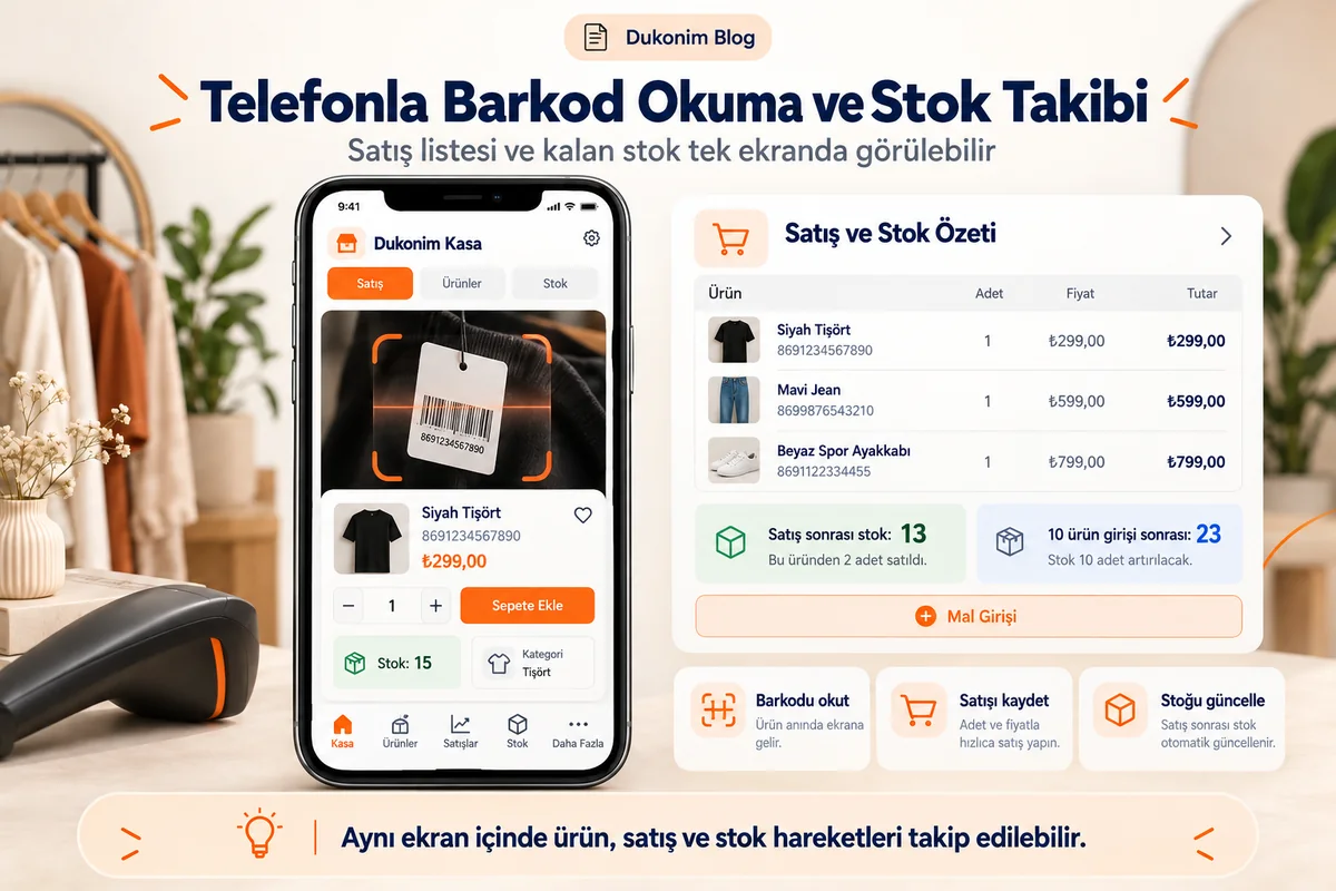 Barkod okutma, satış ve stok takibini anlatan temsili Dukonim Kasa ekranı