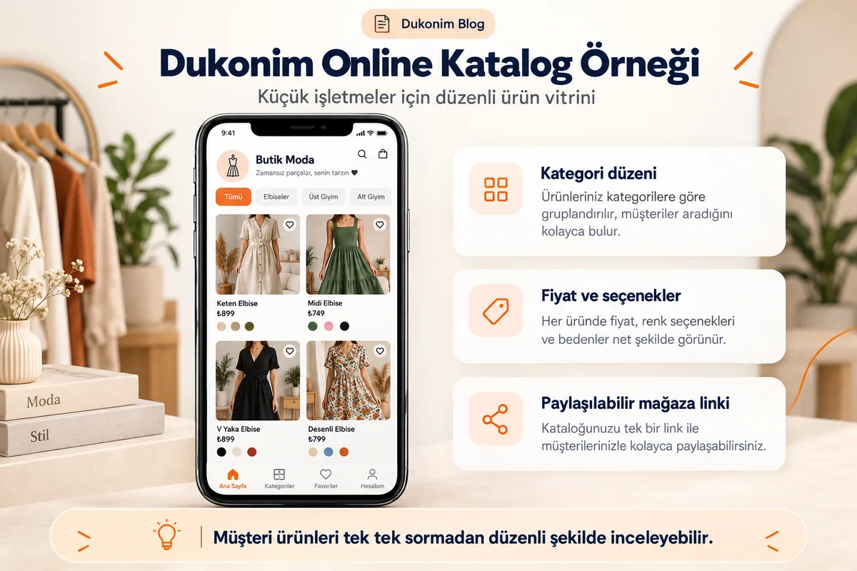 Ürün fotoğrafı ve kategorileri gösteren temsili dijital katalog