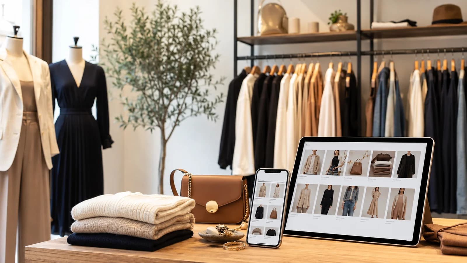 Modern butikte kıyafetler ve dijital web kataloğu
