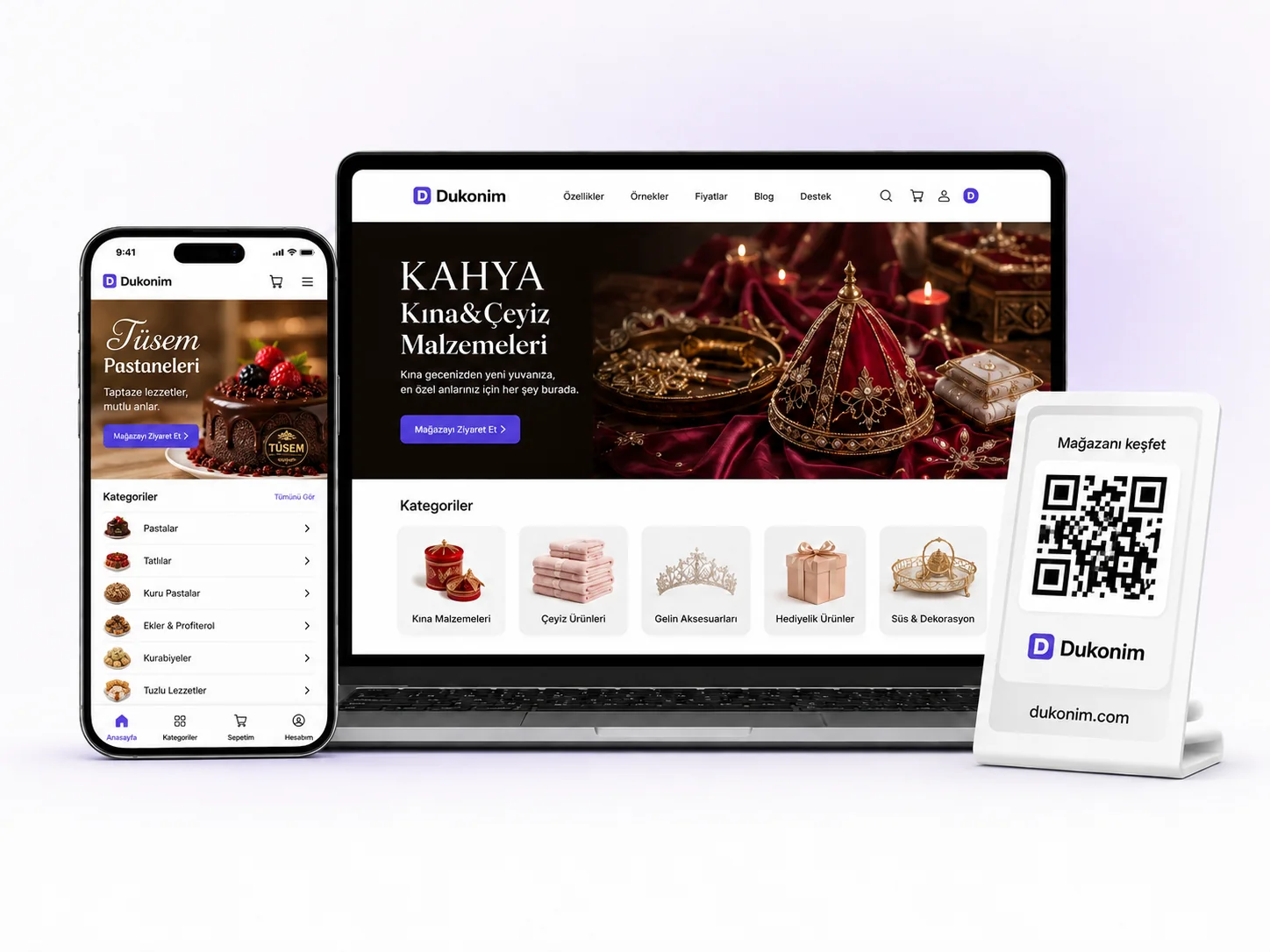 Dukonim mağazasının telefon, bilgisayar ve QR kod üzerindeki görünümü