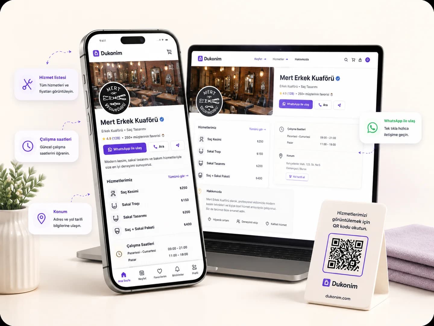 Dukonim kartvizit tipi hizmet sayfası telefon, bilgisayar ve QR standında gösteriliyor.