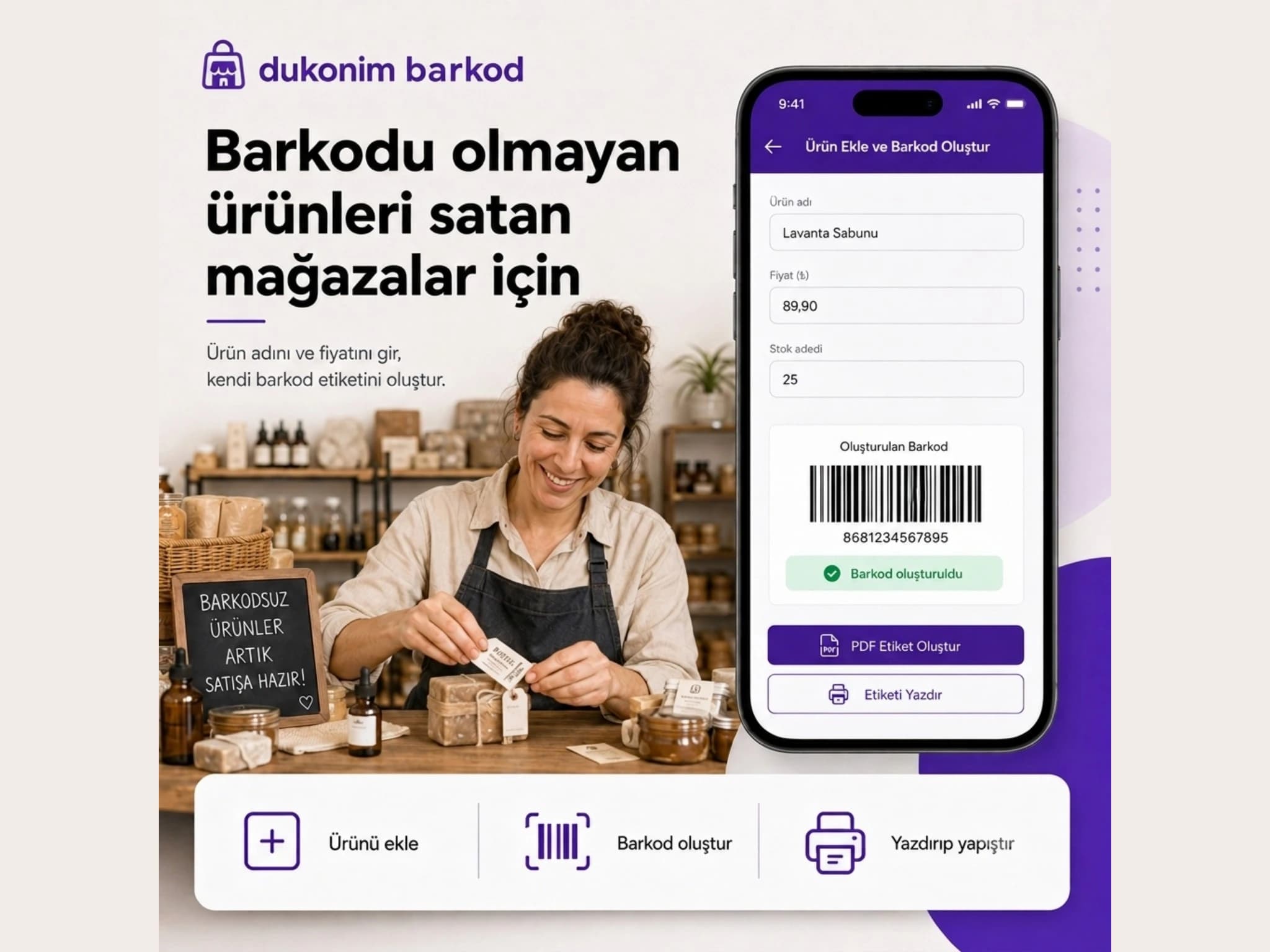 Barkodu olmayan ürünlere Dukonim Kasa ile barkod etiketi hazırlayan esnaf