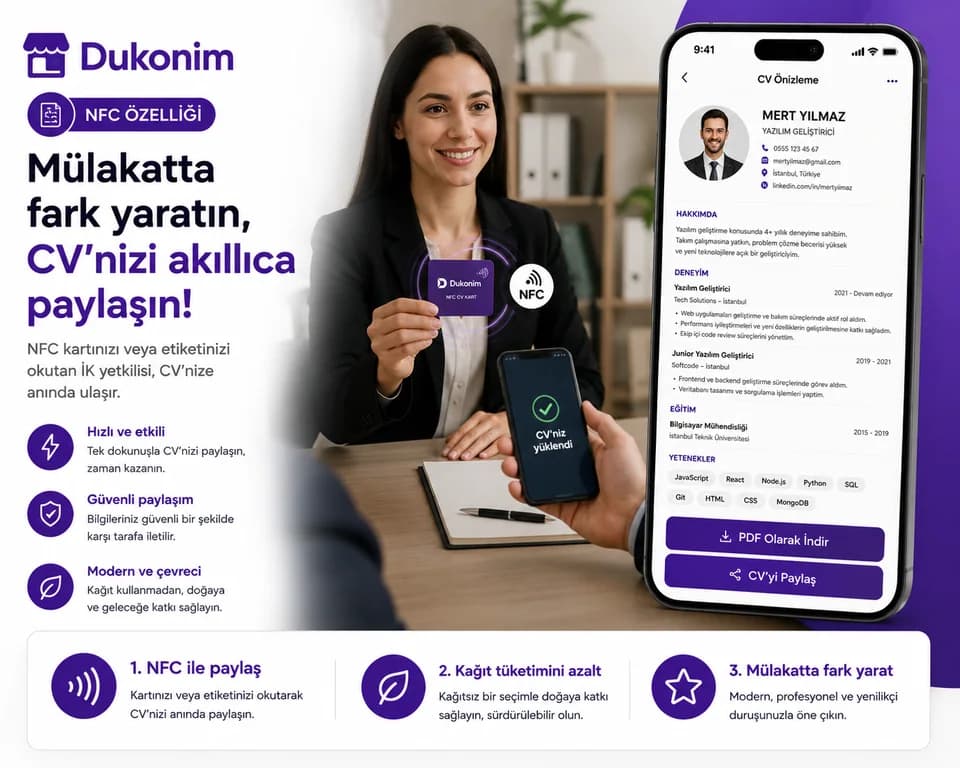 Dukonim CV ile mülakatta ve yüz yüze tanışmada dijital CV bağlantısını paylaşma ekranı