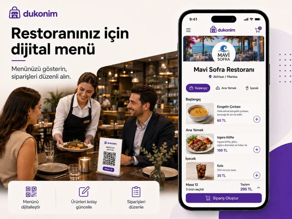 Dukonim QR Menü kullanan restoran için dijital menü ve sipariş ekranı
