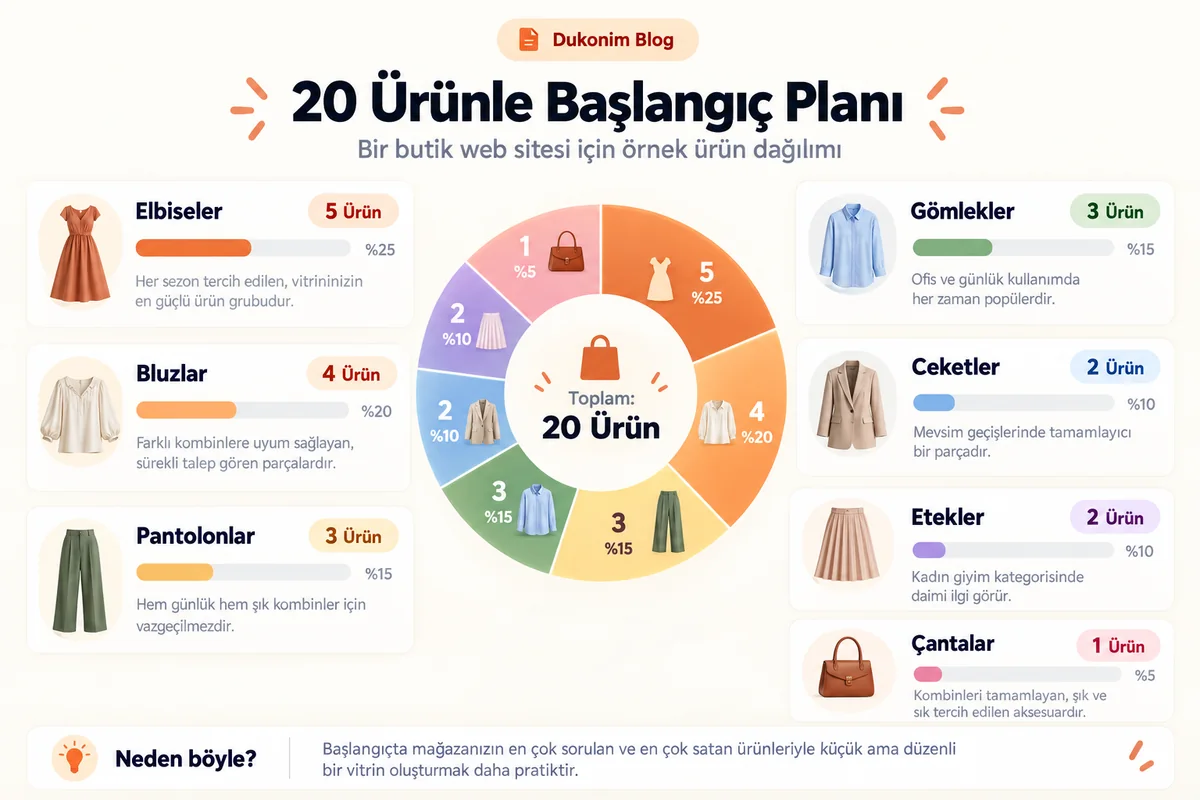 20 ana ürünün elbise, bluz ve diğer butik kategorilerine dağılımı
