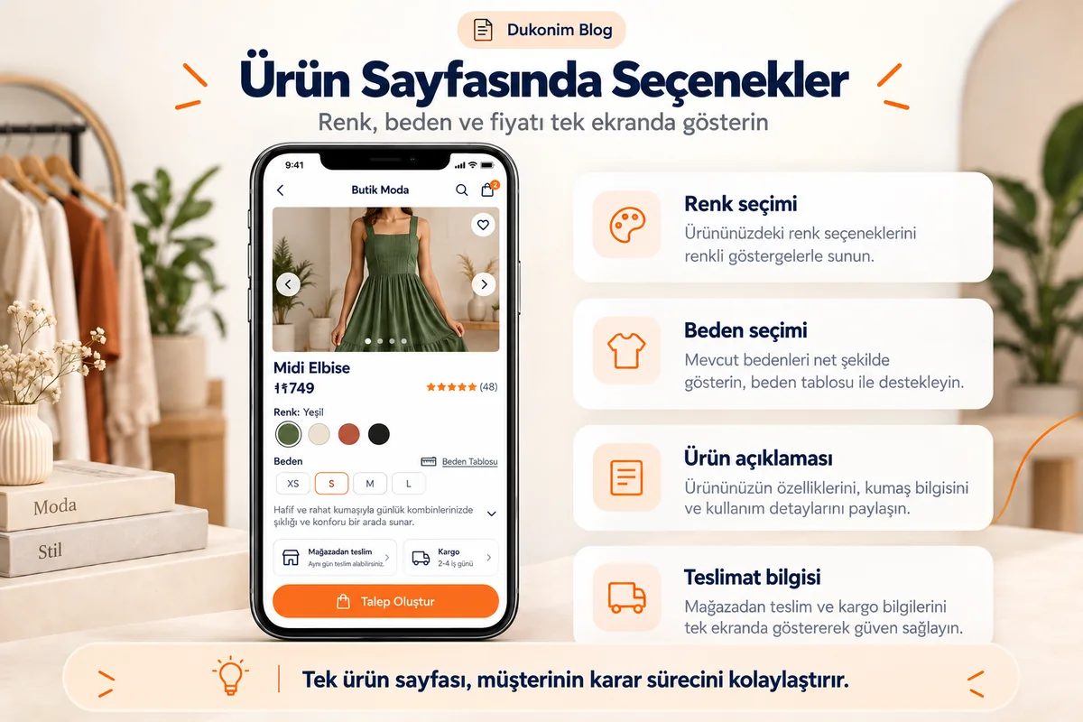 Butik ürün sayfasında renk, beden ve fiyat gösteren temsili tasarım