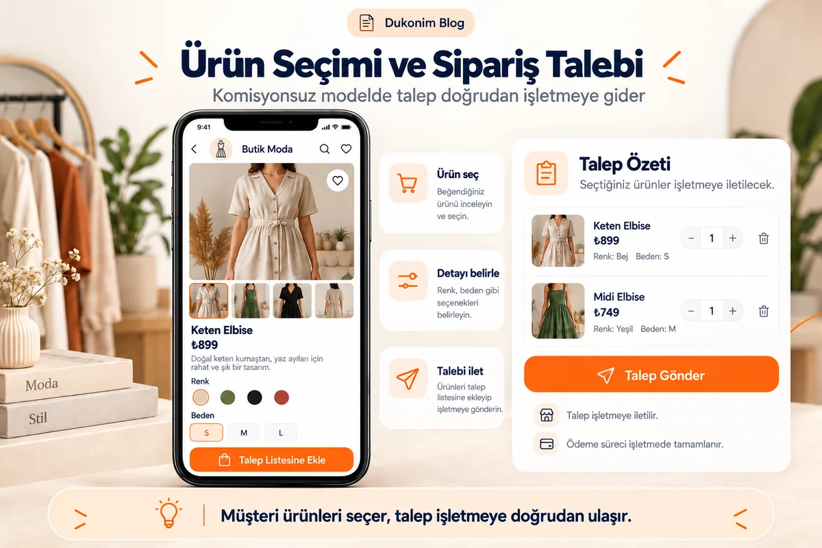 Ürün seçiminden işletmeye sipariş talebi gönderimine temsili akış