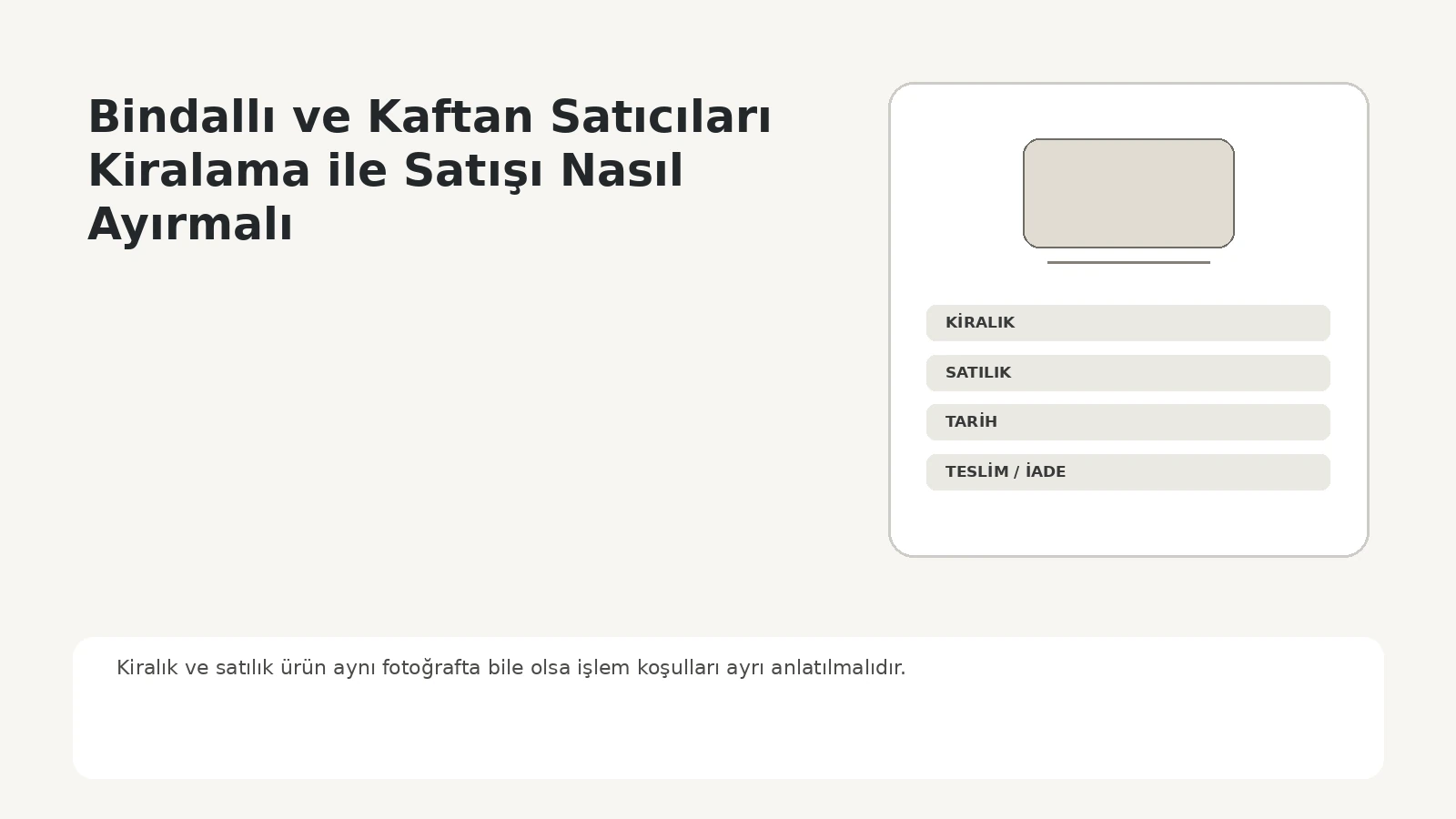 Bindallı ve kaftan kataloğunda kiralık ve satılık modellerin açıkça ayrılması