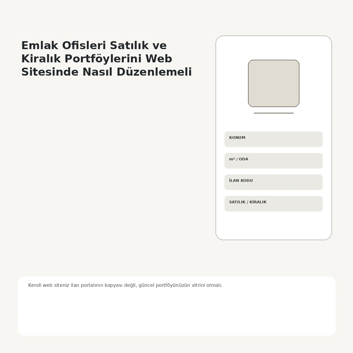 Emlak ilan kartında satılık kiralık fiyat konum oda sayısı metrekare ve ilan kodunun gösterilmesi