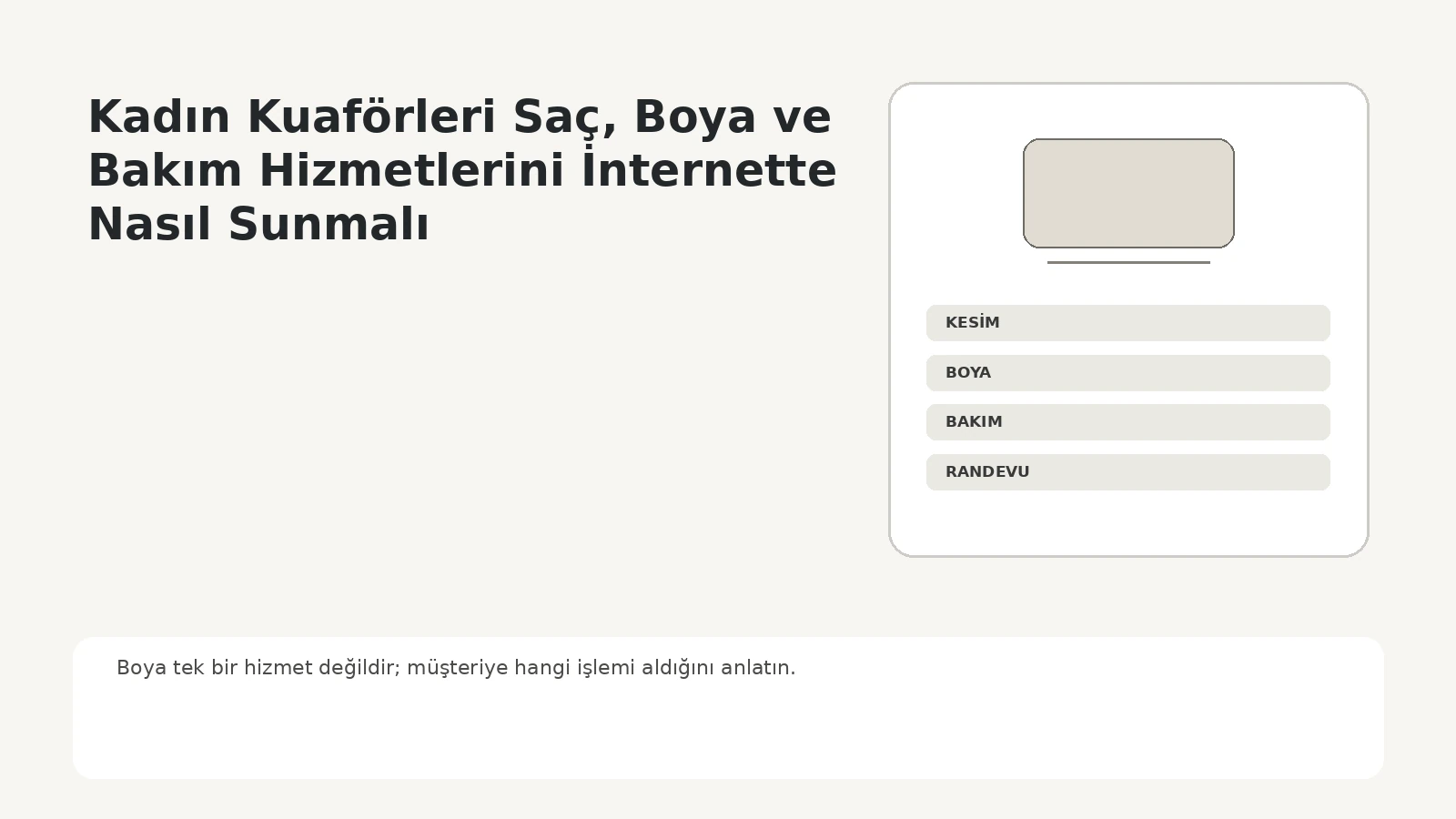 Kadın kuaförü hizmetlerini saç kesimi, boya, bakım ve randevu olarak dijital vitrinde düzenleme