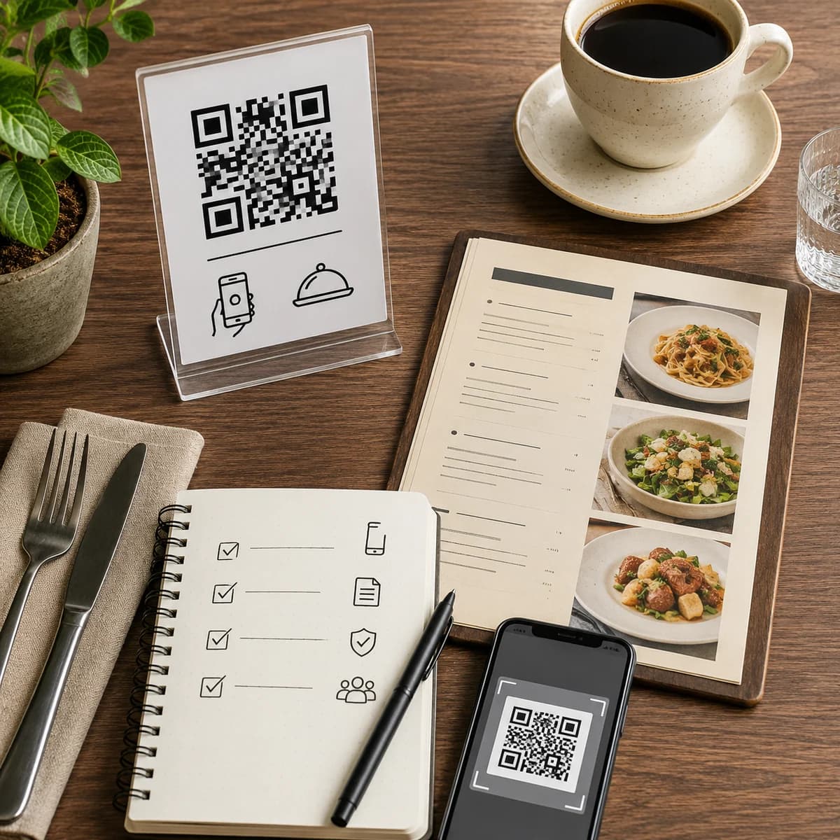 Masada QR kod ve fiziksel menünün birlikte sunulduğu kafe