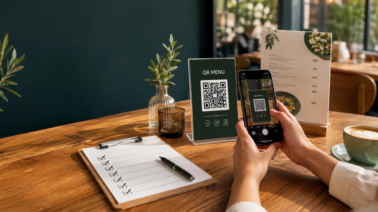 Kafede QR menü kullanan müşteri ve masa düzeni