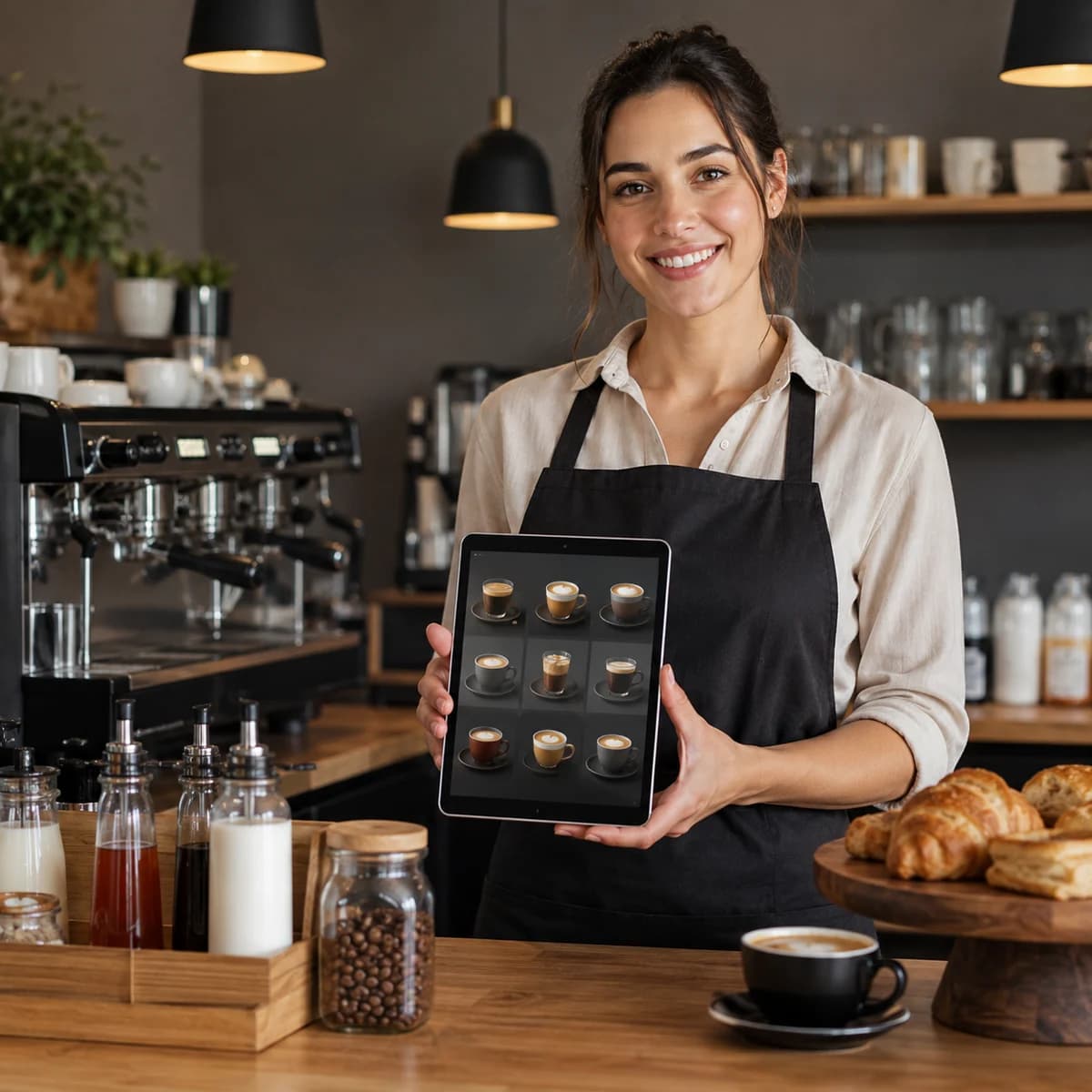 Baristanın tablet üzerinden kahve seçeneklerini müşteriye gösterdiği sahne