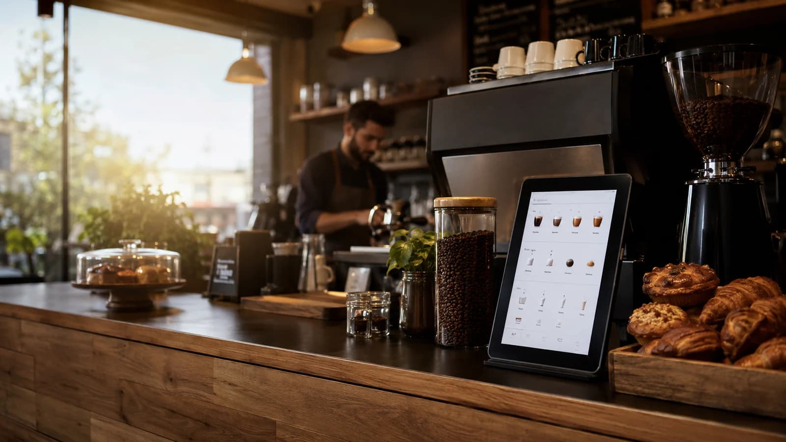 Kahve dükkânında dijital menü ve barista tezgâhı