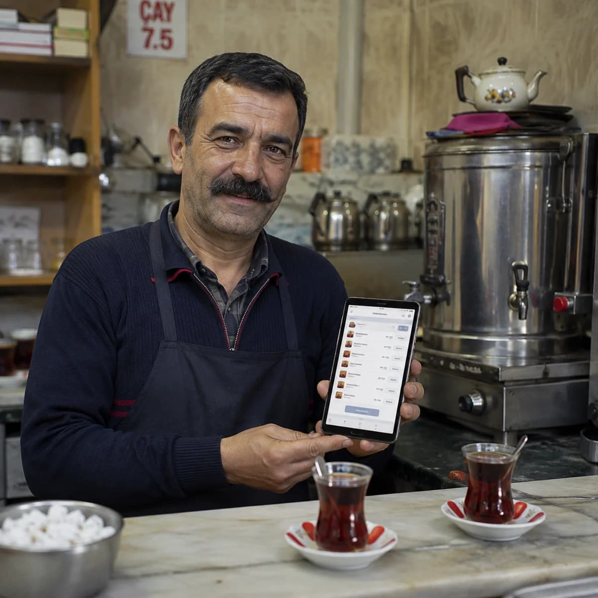 Çay ocağında dijital sipariş ve masa hizmeti örneği
