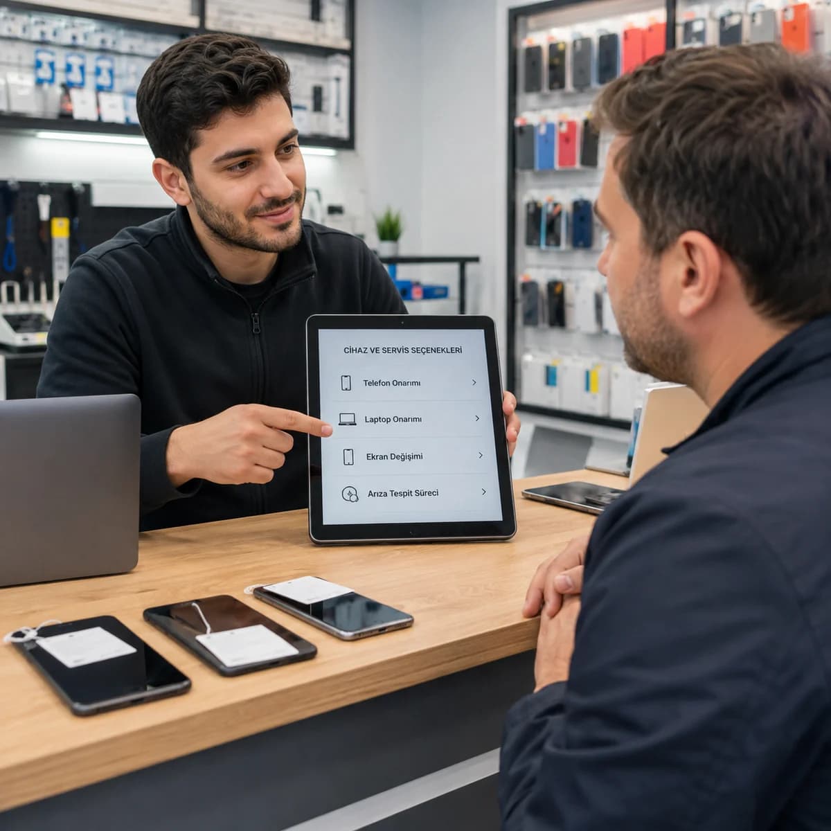 Teknik serviste marka ve hizmet seçeneklerinin tablet üzerinden gösterimi