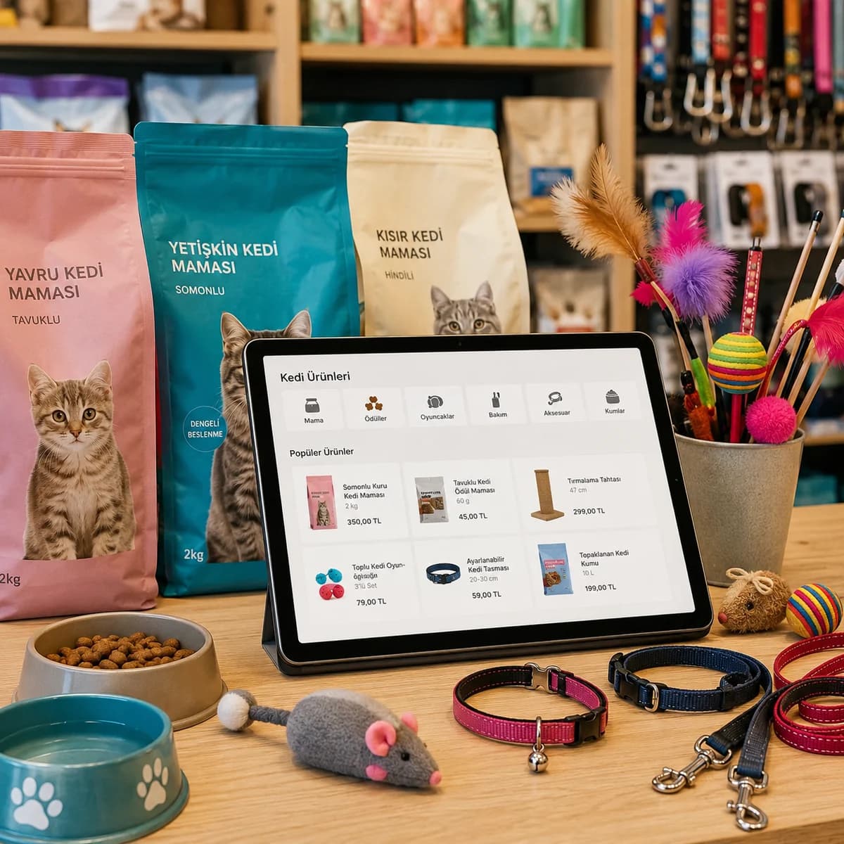 Pet shopta kedi ürünlerinin kategori halinde sergilenmesi