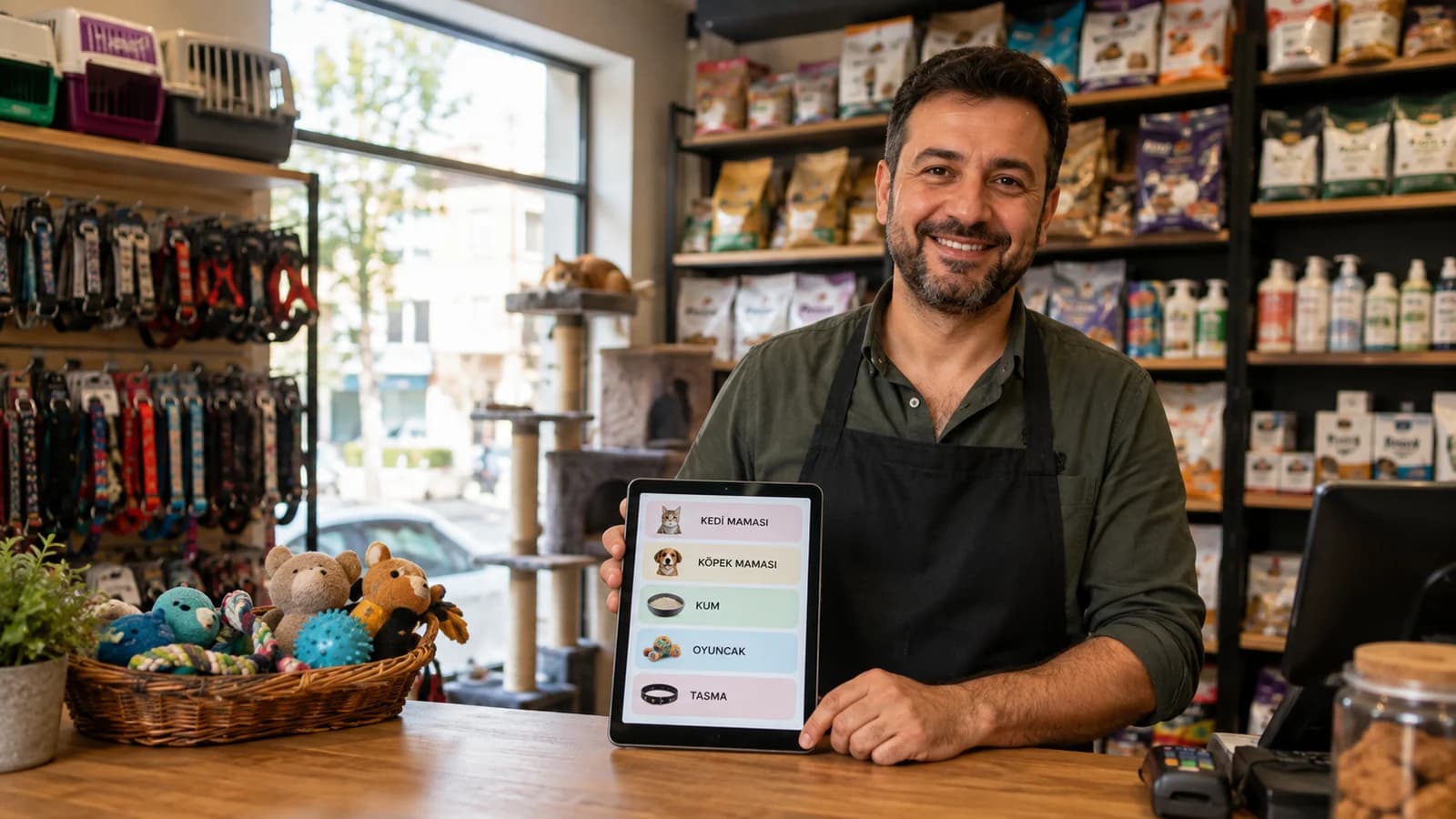 Pet shopta ürünler ve dijital ürün kataloğu