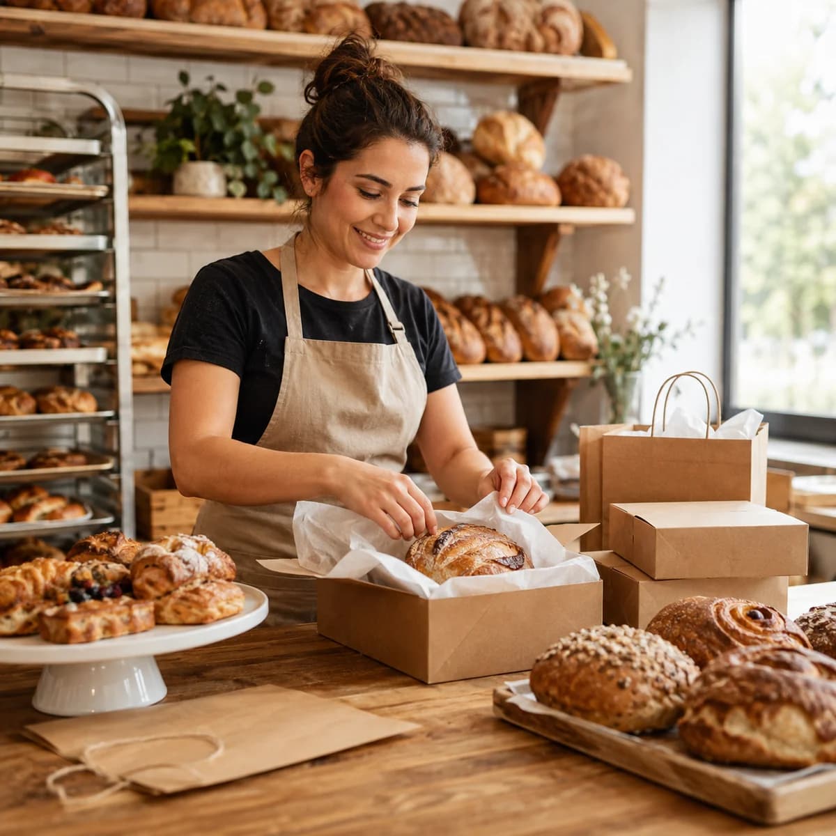 Fırında özel sipariş için ekmek ve ürün paketleme hazırlığı