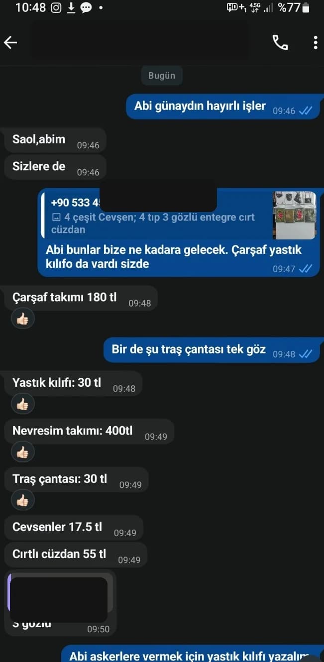 Anonimleştirilmiş gerçek toptancı WhatsApp görüşmesi; ürün varyantı ve fiyat bilgisinin mesajlar arasında dağıldığı diyalog