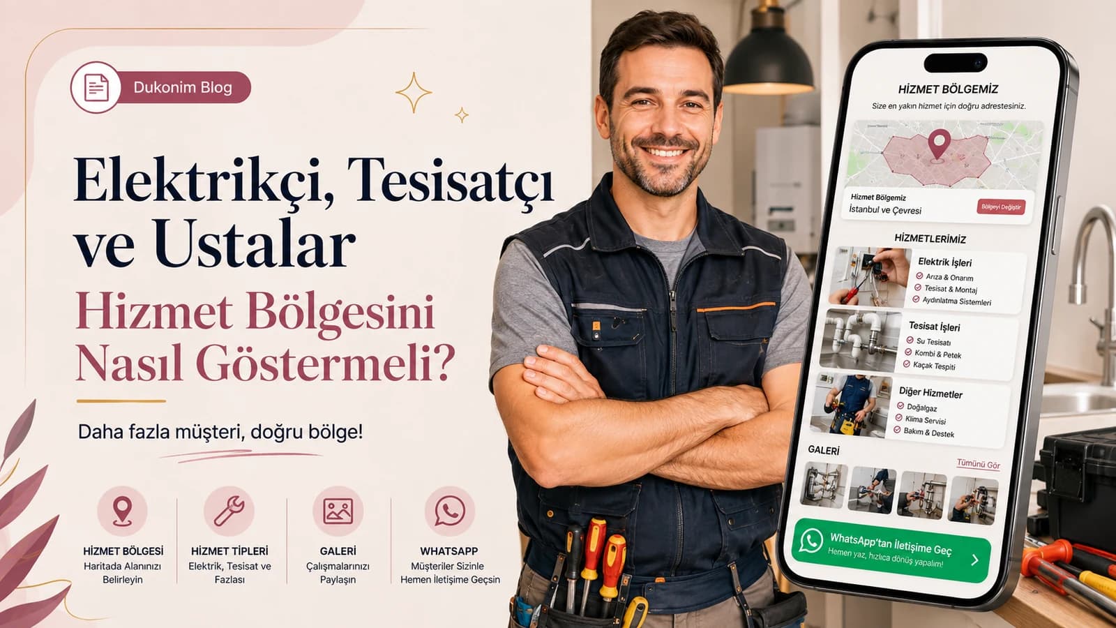 Elektrikçi ve tesisatçı ustanın hizmet bölgesini, hizmetlerini ve iletişim seçeneklerini gösterdiği Dukonim blog görseli