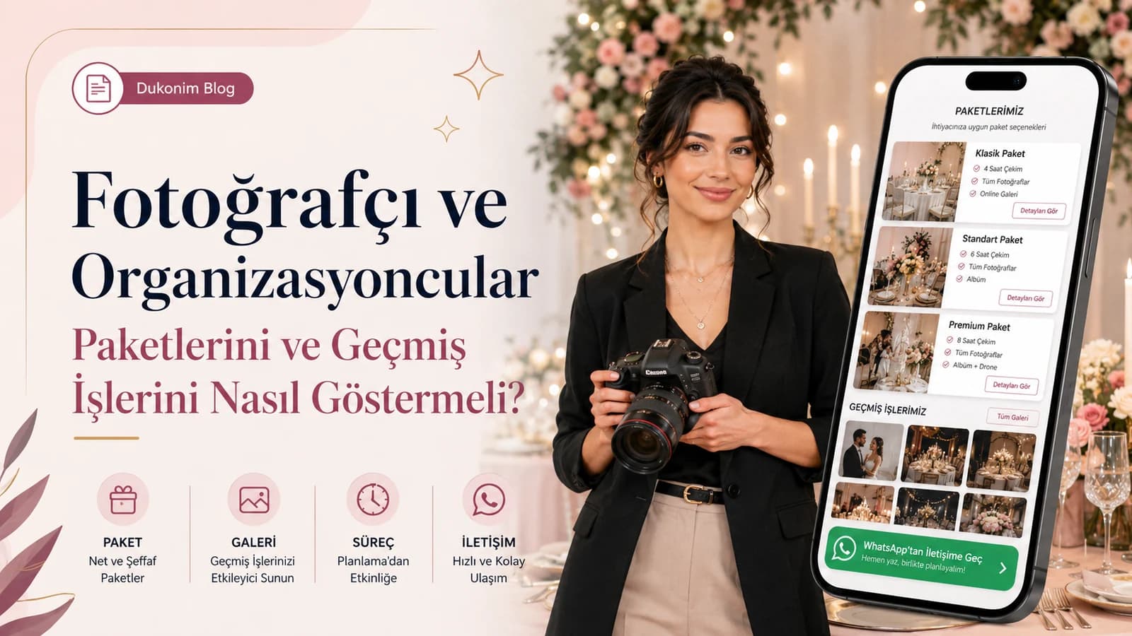 Fotoğrafçı ve organizasyoncunun paketlerini, geçmiş iş galerisini ve iletişim seçeneklerini gösterdiği Dukonim blog görseli