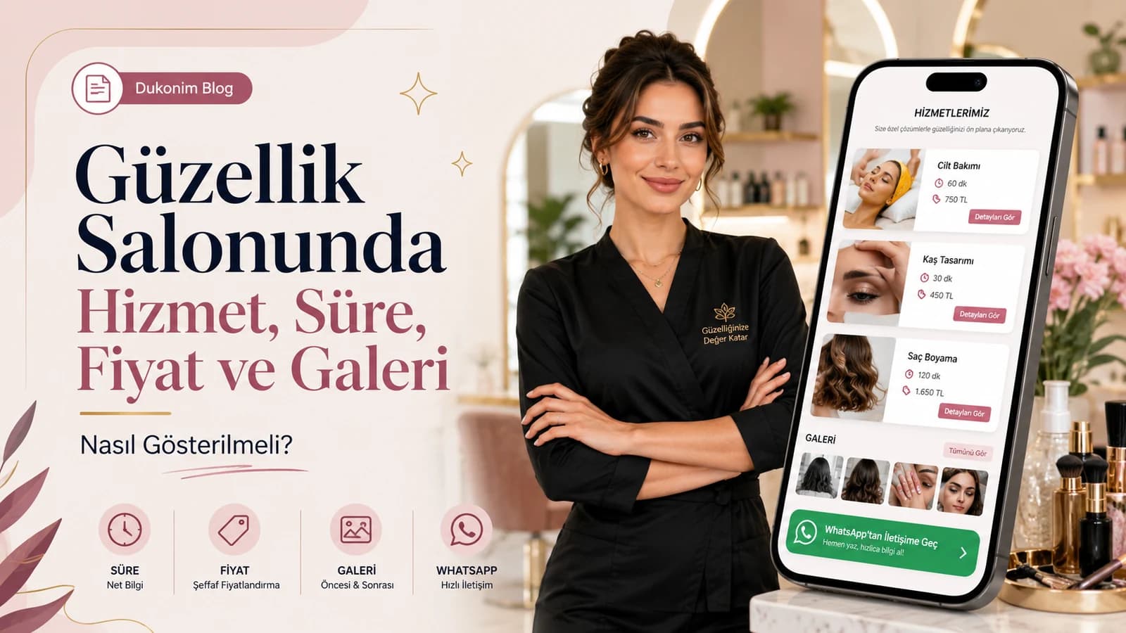 Güzellik salonu sahibinin hizmet, süre, fiyat ve galeri bilgilerini web sayfasında gösterdiği Dukonim blog görseli