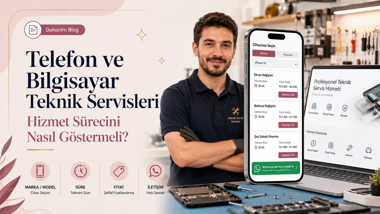 Telefon ve bilgisayar teknik servisinin marka model, süre, fiyat ve servis sürecini gösterdiği Dukonim blog görseli