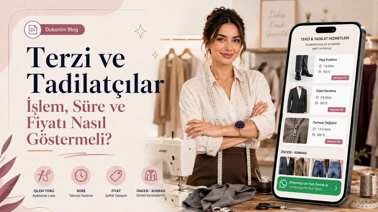 Terzinin tadilat işlem türü, teslim süresi, fiyat ve önce-sonra örneklerini web sayfasında gösterdiği Dukonim blog görseli