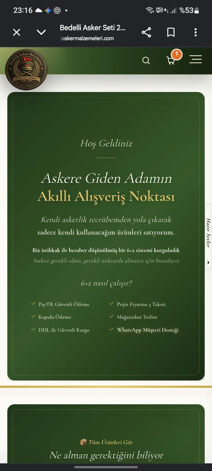 Kahya Asker Malzemeleri web sitesi mobil ekran görüntüsü